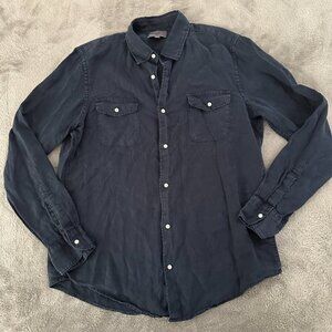 Vince Men's 100% Linen Navy Blue Long Sleeve Button Down Shirt LARGE